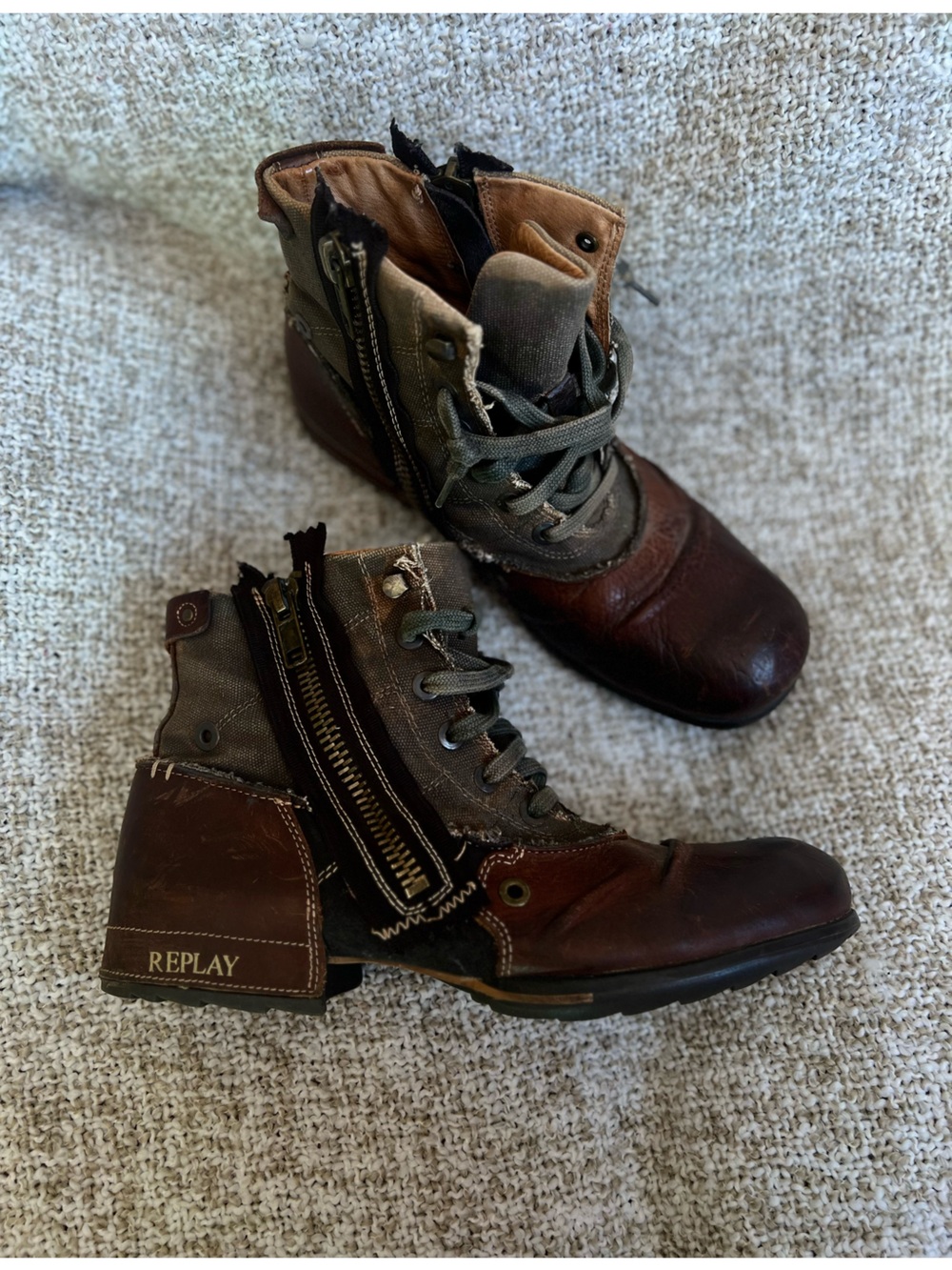 Men’s 10 Replay Footwear Leather & Canvas Side-Zip Combat Boots